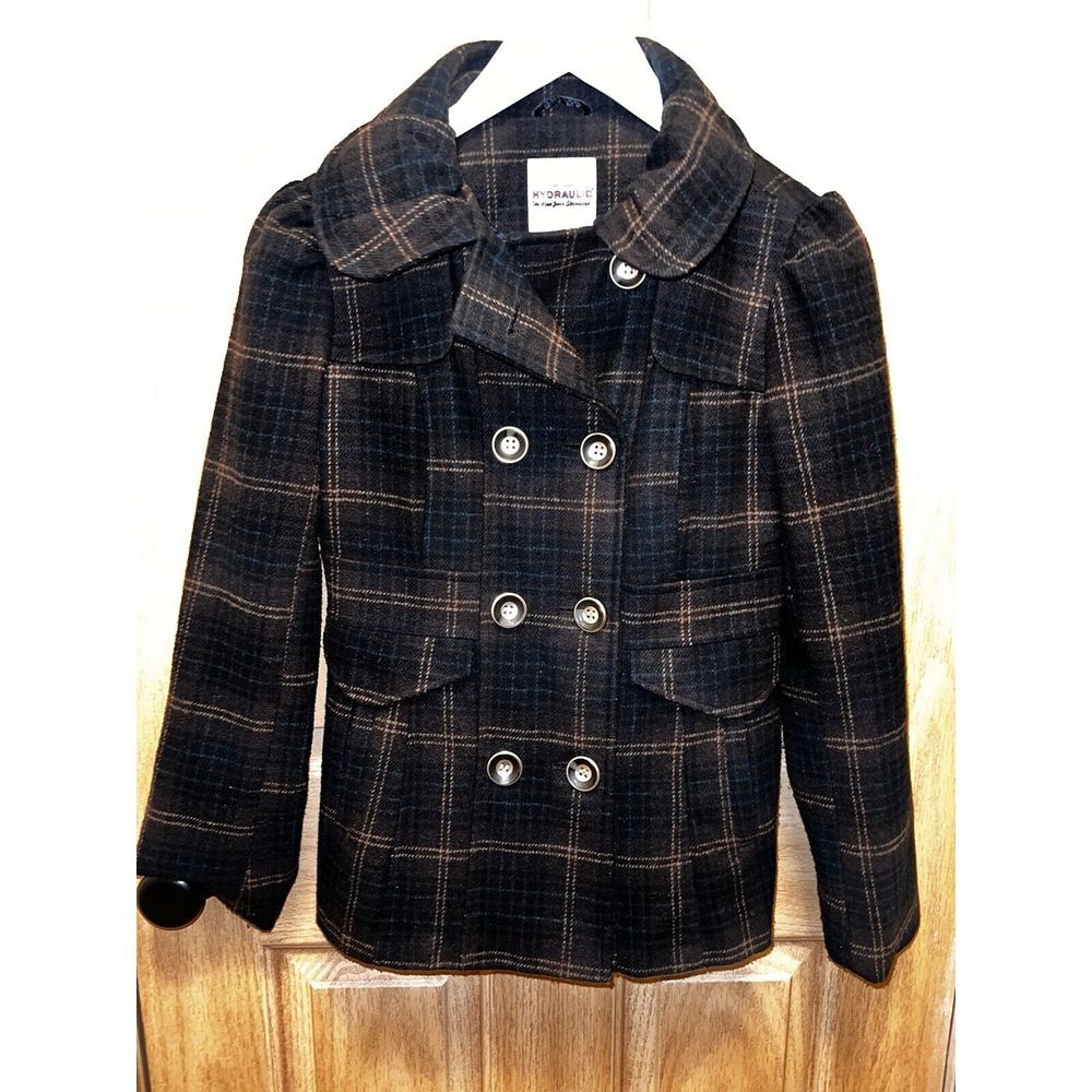 Hydraulic Y2K Pea Coat Jacket Juniors Women's Small Black Brown Plaid Wool Blend